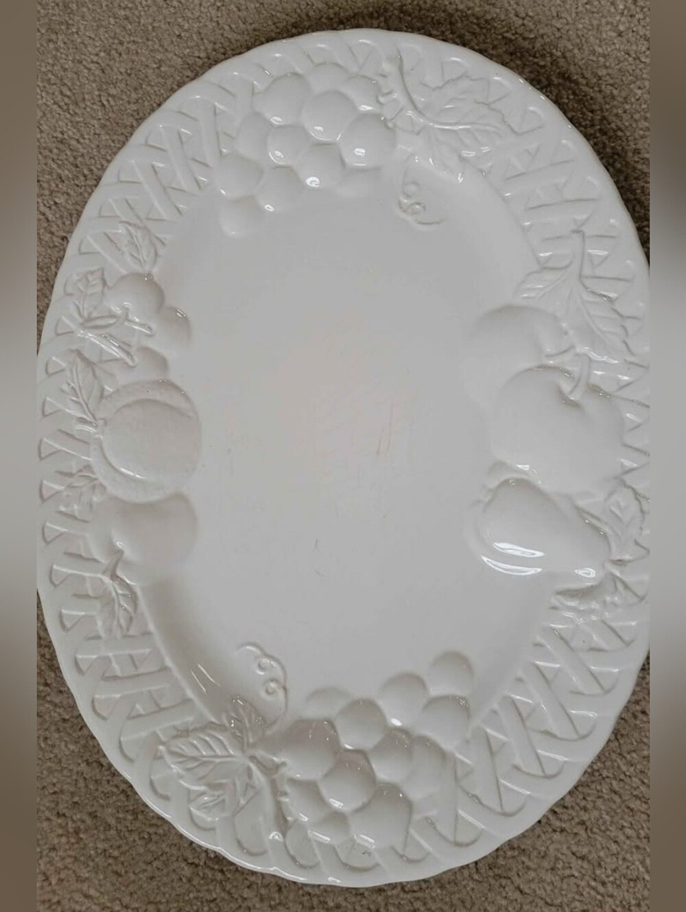 White Embossed Fruit Motif Oval Serving Platter